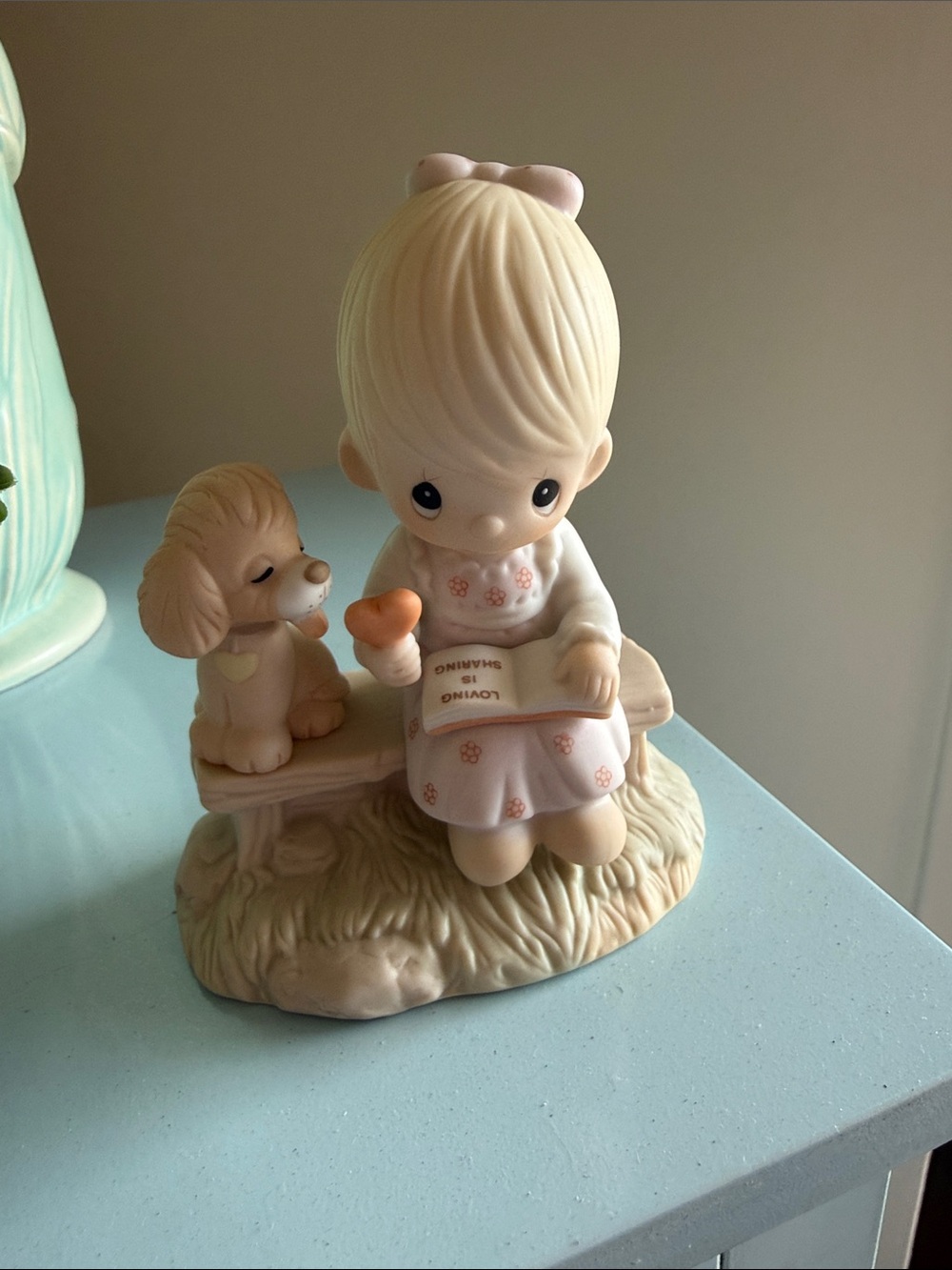 Precious Moments Blonde Girl Reading with Puppy Figurine - Cream, Pink and Peach